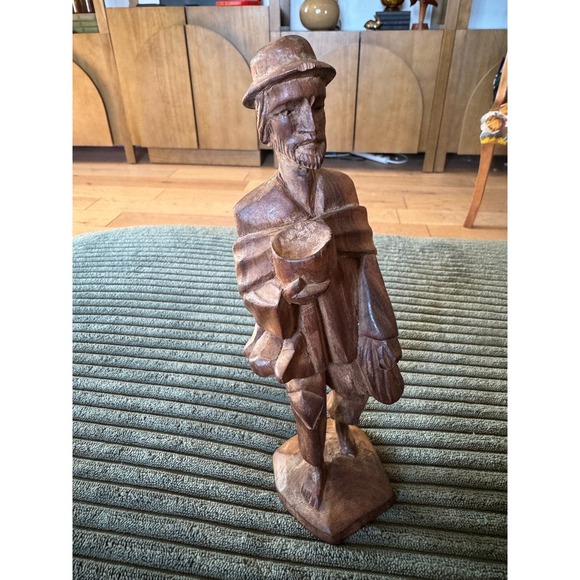 Other - Vintage Hand Carved Wood Statue Figurine Man with Cup & Hat‎ Rustic Decor